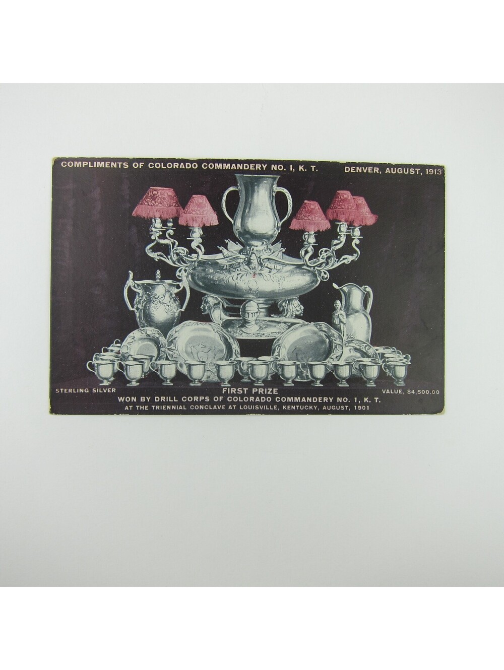 Postcard Sterling Silver Tea Set Win Denver Colorado Commandery #1 Antique 1913